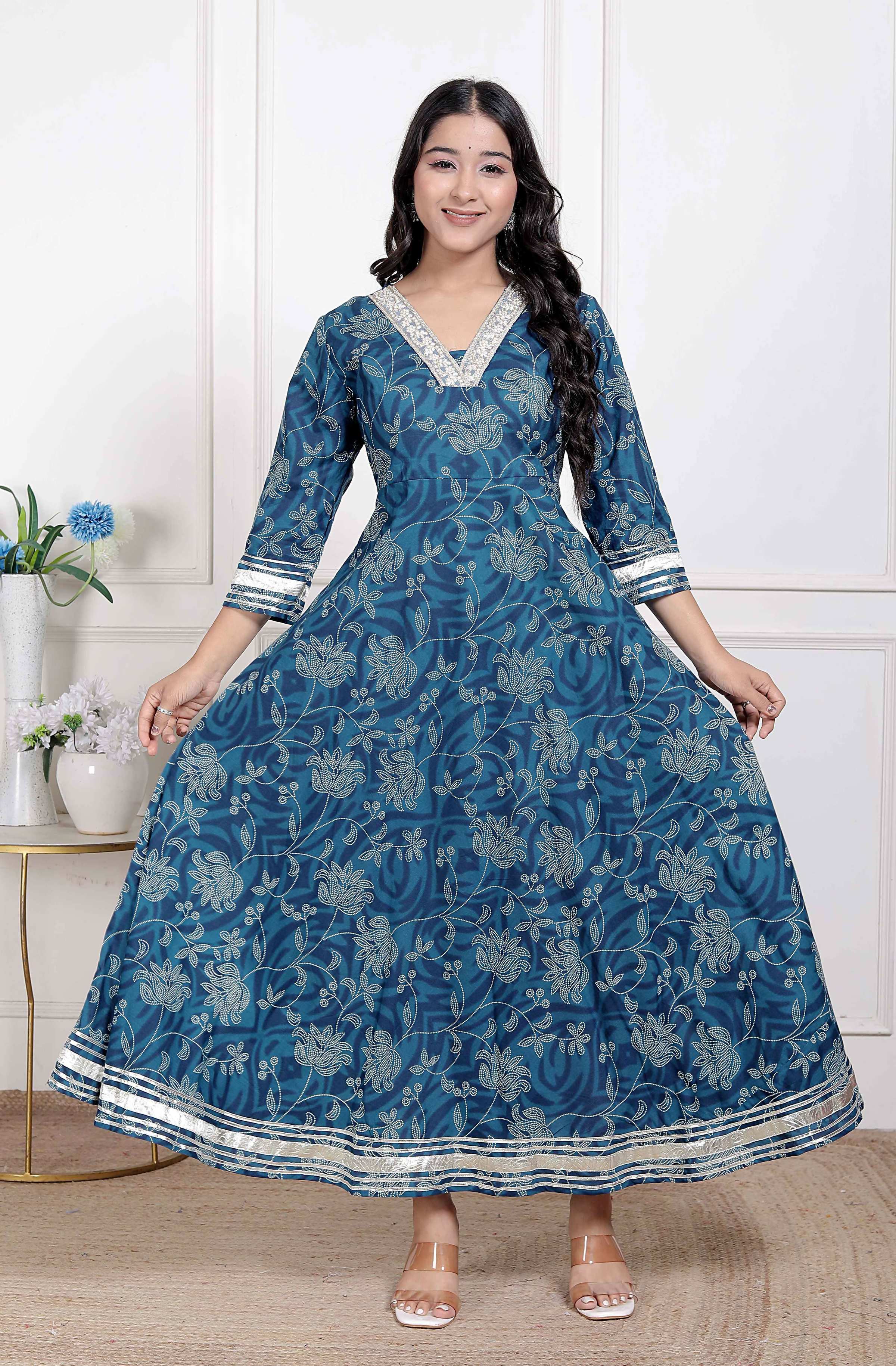 Miravan Women's Blue Cotton Embroidered Neck Anarkali Kurta | Grocsy