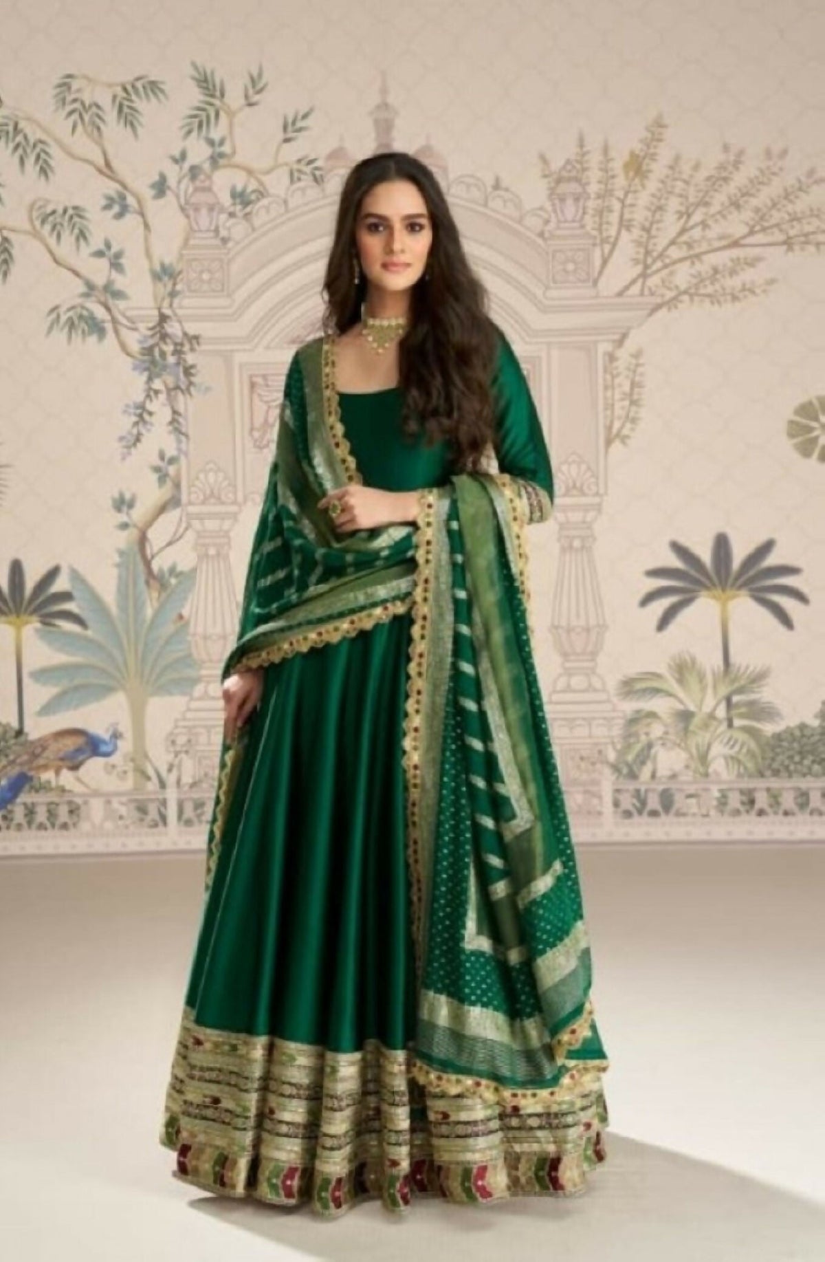 Anaita Dark Green Vichitra Silk Anarkali Suit with Embroidery Sequins | Grocsy