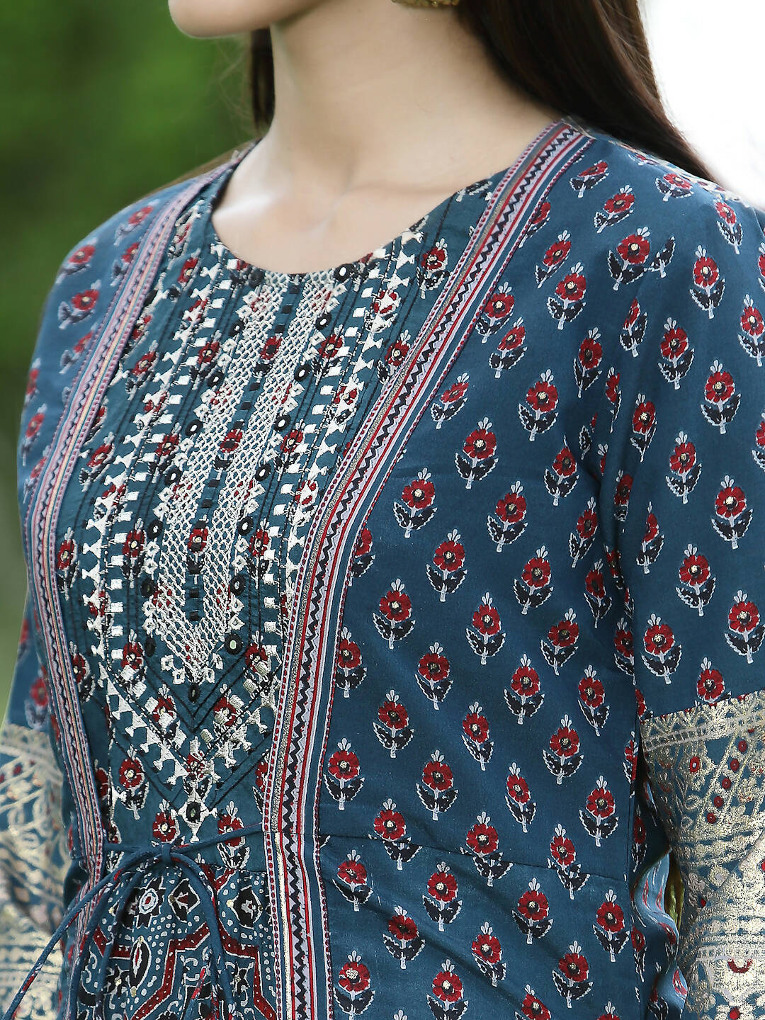 Juniper Women Teal Chanderi Festive Printed Tiered Kurta | Grocsy