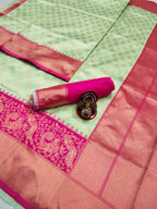 DEIANA'S Beautiful Designer Golden zari Soft Lichi Silk Saree - Pista | Grocsy