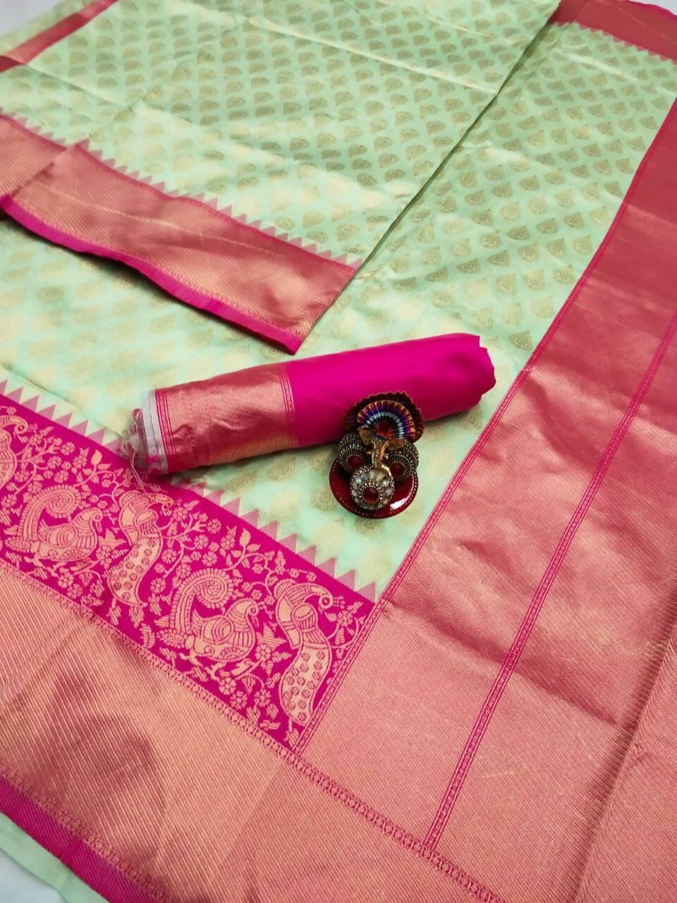 DEIANA'S Beautiful Designer Golden zari Soft Lichi Silk Saree - Pista | Grocsy