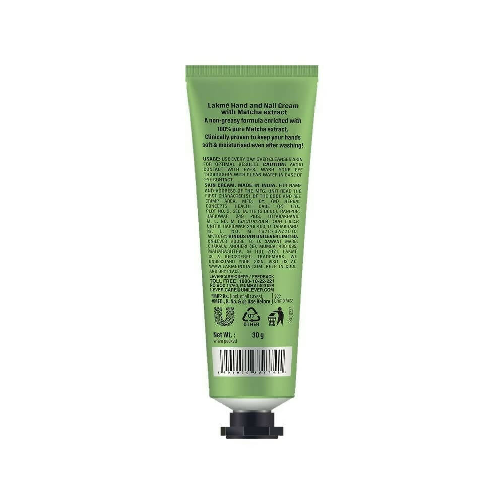 Lakme Hand & Nail Cream With Matcha, Pentavitin And Almond Oil | Grocsy