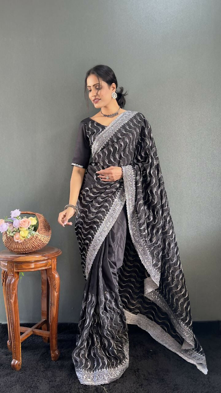 Vastranavya Black Chinnon Silk Embroidery Multi Sequence & Arco Cut Work Ready to Wear Saree | Grocsy