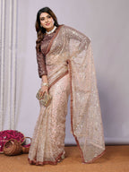 Brown Net Embroidered Saree With Stitched Blouse - Nimaya Kaksha | Grocsy