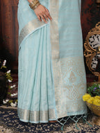 Shree Shyam Fashion Organza Sky Blue Saree | Grocsy