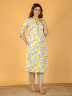 Aramya Yellow Soft Cotton Floral Print Straight Kurta Pant Set for Women | Grocsy