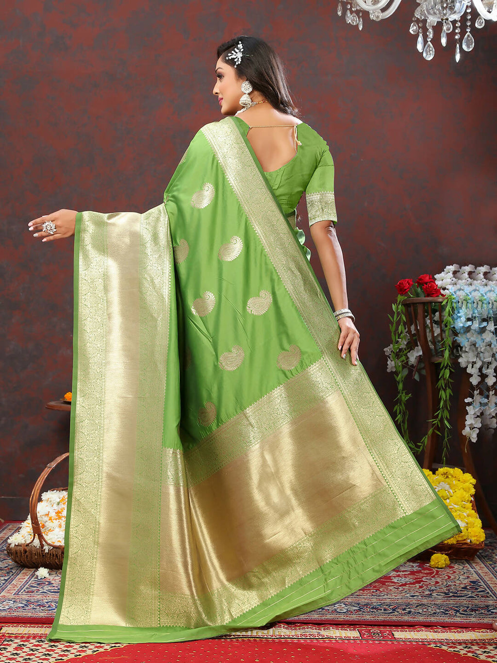 Lorenvalley Fashion Parotgreen Soft Silk Woven Design Gold Zari Weaving Saree | Grocsy