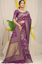 Jyoti Fashion Women's Wine Kanjivaram Silk Zari Woven Saree with Blouse | Grocsy