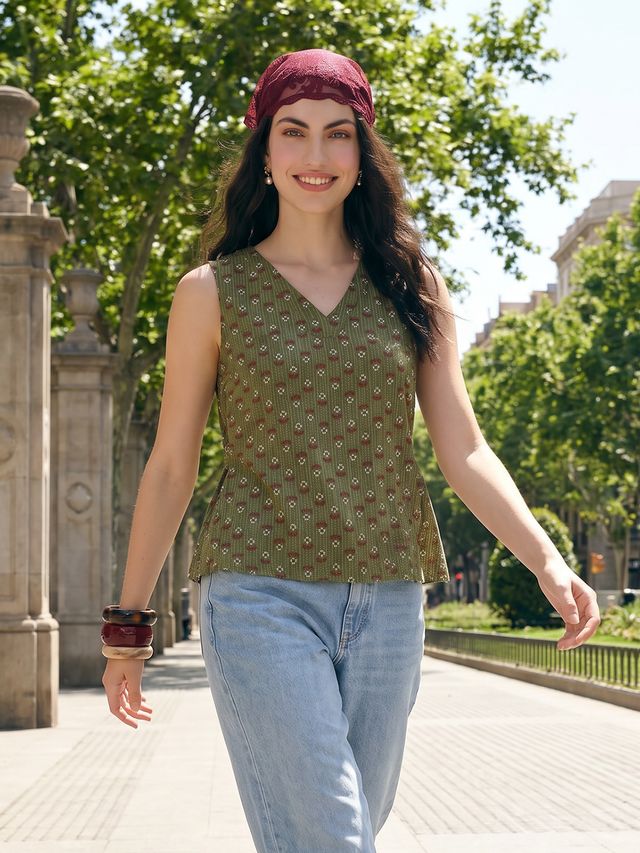 Janasya Olive A-Line Cotton Top | Grocsy
