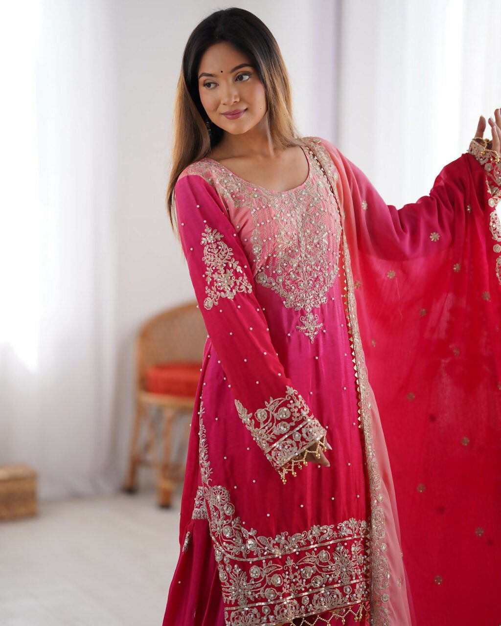 The52 Women's Beautiful Chinon silk Fabric Embroidery Work Straight Kurta Palazzo and Dupatta Set | Grocsy