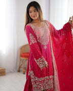 The52 Women's Beautiful Chinon silk Fabric Embroidery Work Straight Kurta Palazzo and Dupatta Set | Grocsy