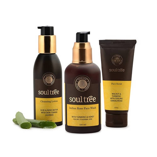Soultree Cleansing Lotion, Indian Rose Face Wash & Walnut And Turmeric Face Scrub Set | Grocsy