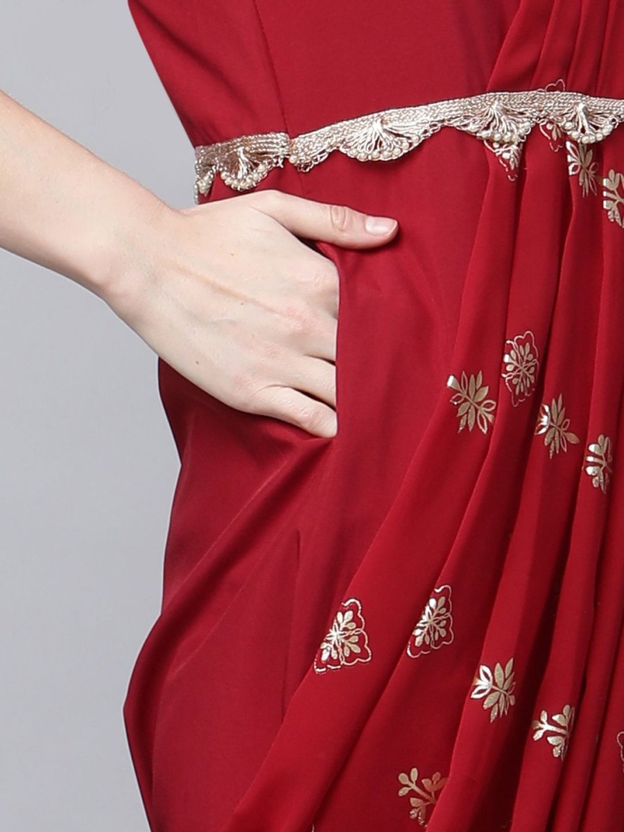 Ahalyaa Women Maroon Crepe Georgette Printed Saree Dress With Printed Pallu | Grocsy