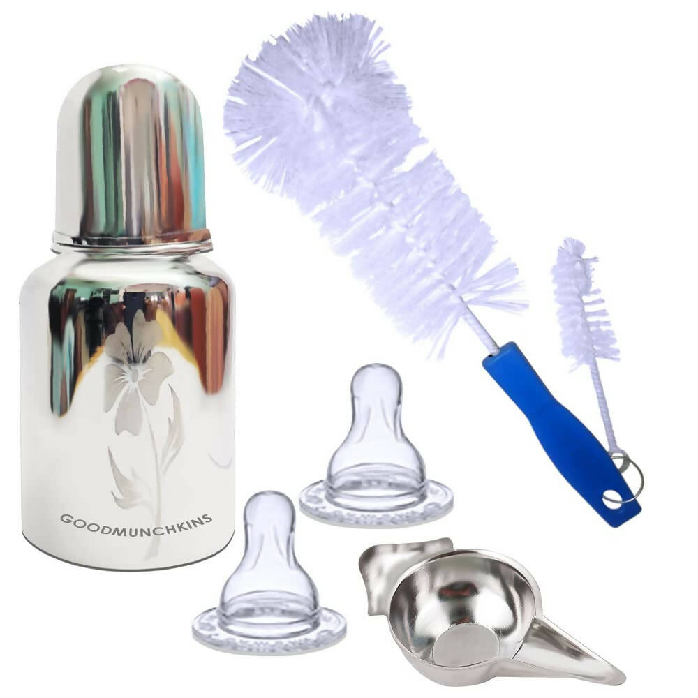 Goodmunchkins Stainless Steel Feeding Bottle with Bottle Cleaning Brush/Chakku/Anti Colic Silicone Nipple Combo-(150ml,Blue) | Grocsy