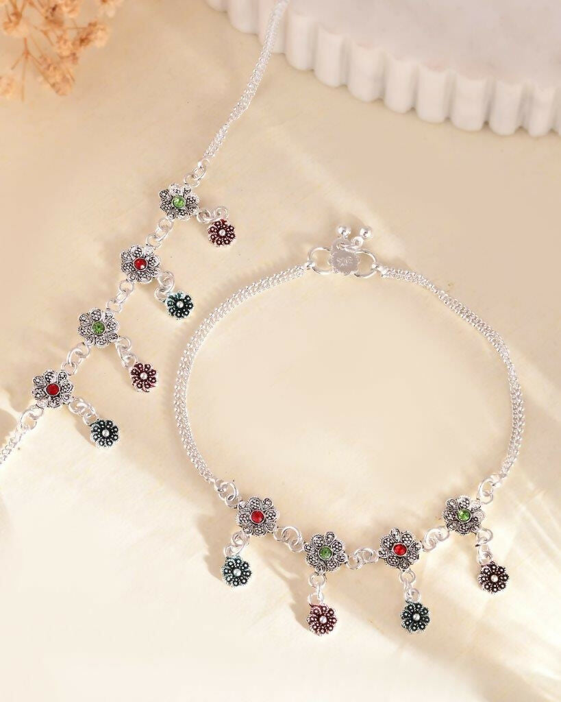 VOJ Set of 2 Silver Plated Meenakari Multi Color Anklet | Grocsy