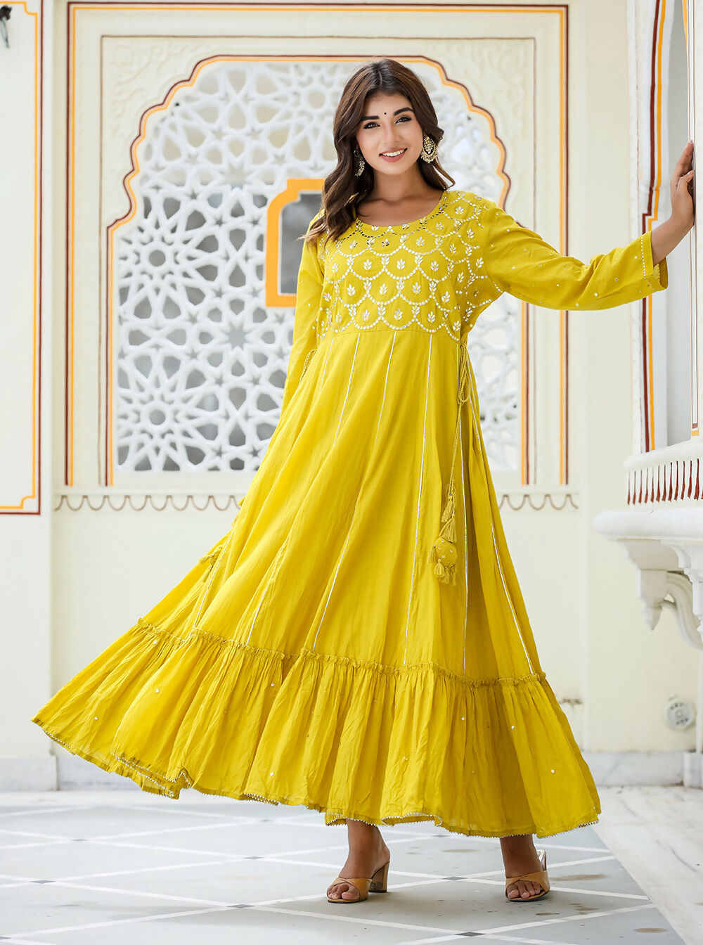 Kaajh Women's Yellow Embroidered Ethnic Gown | Grocsy