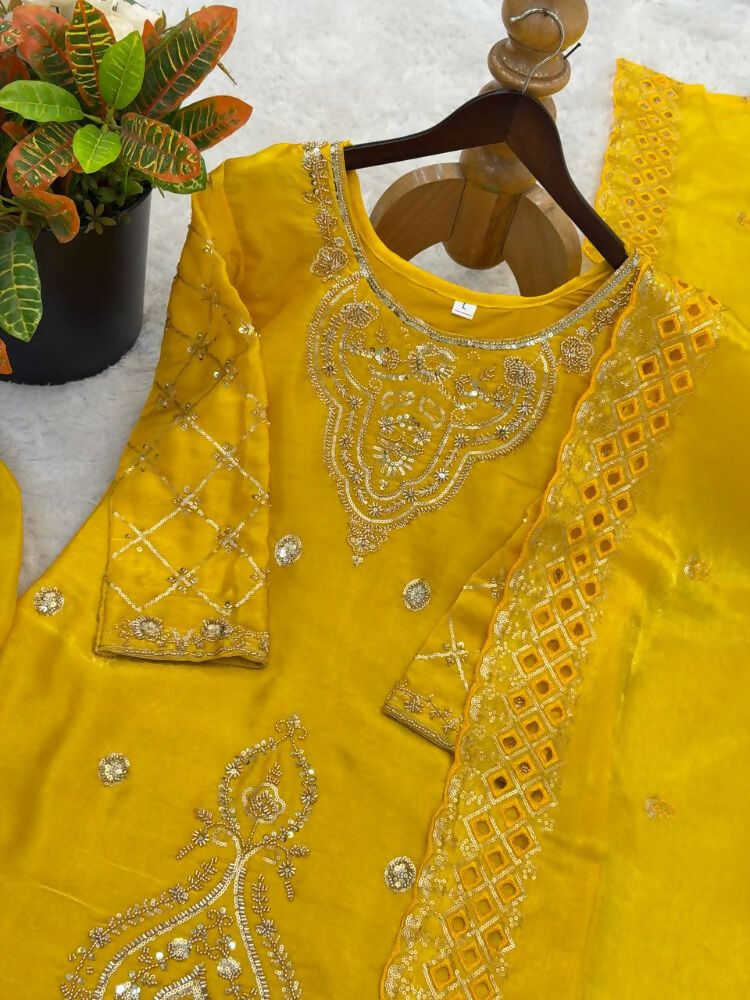 Teeya Creation Yellow Color Gimmychu Silk Embroidery Work Wedding Wear Salwar Suit | Grocsy