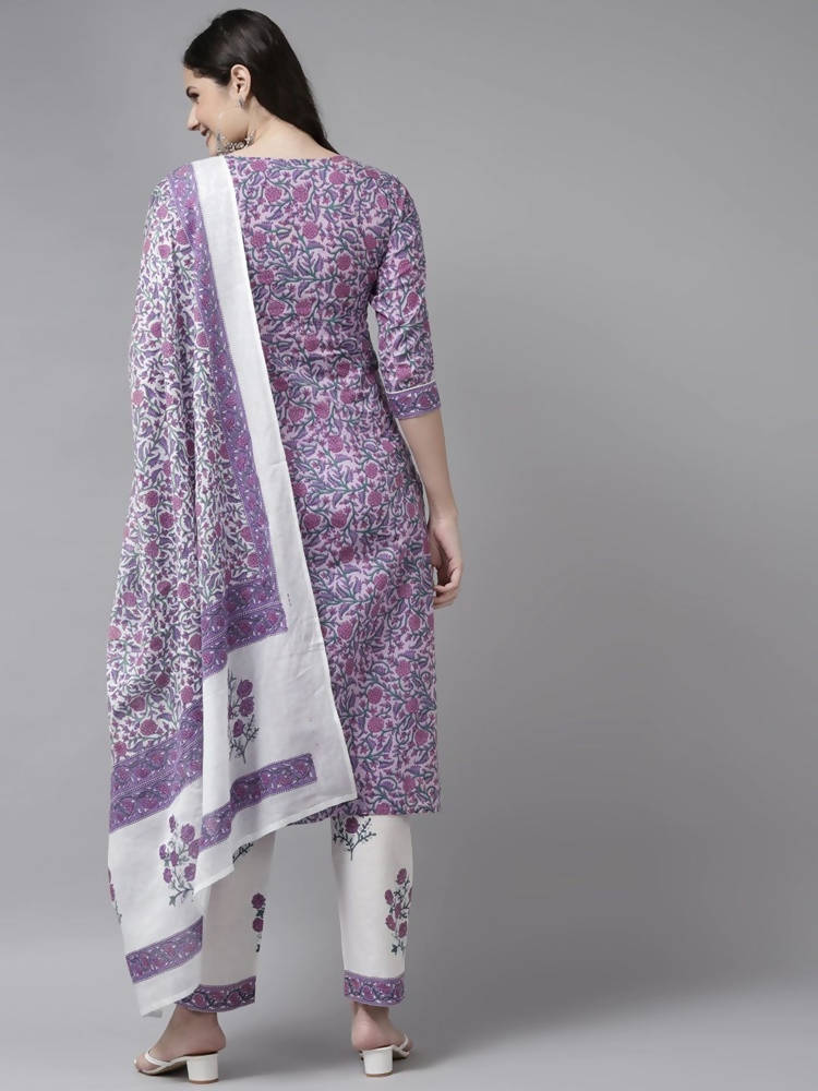 Yufta Women Lavender & White Ethnic Motifs Printed Kurta with Trouser & Dupatta | Grocsy