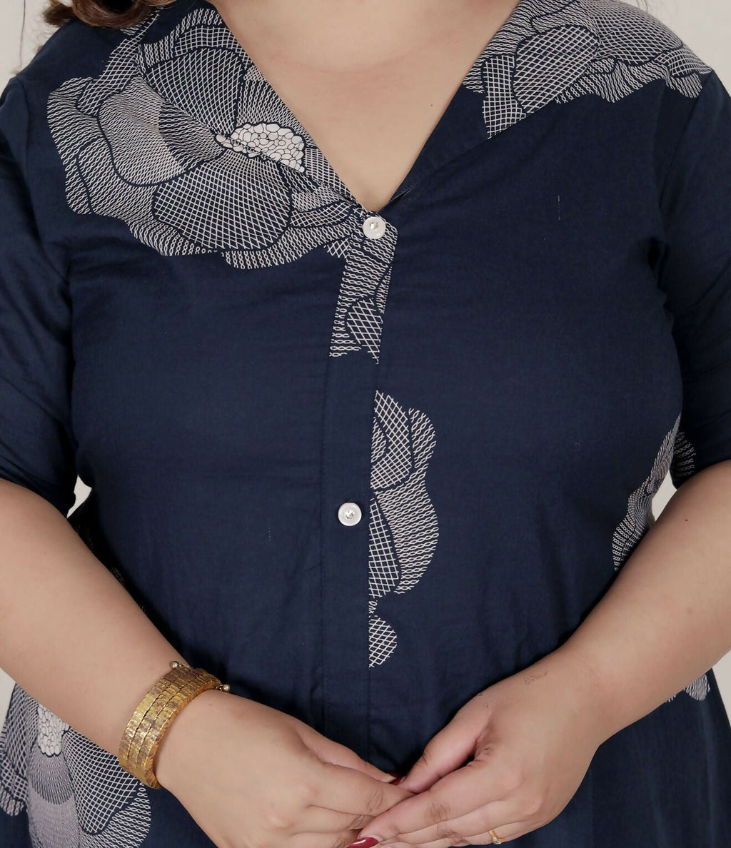 Miravan Womens Plus Size Blue Floral Printed Front Buttoned A-Line Kurta Dress | Grocsy