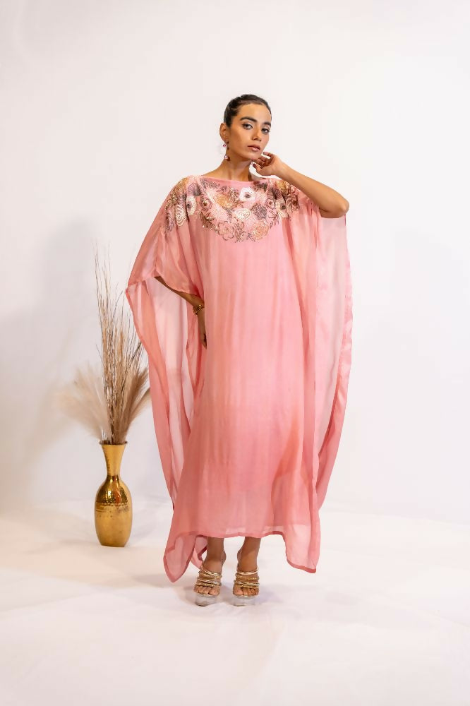 Timaraa Blush Pink Sequined & Beaded Kaftan Dress | Grocsy