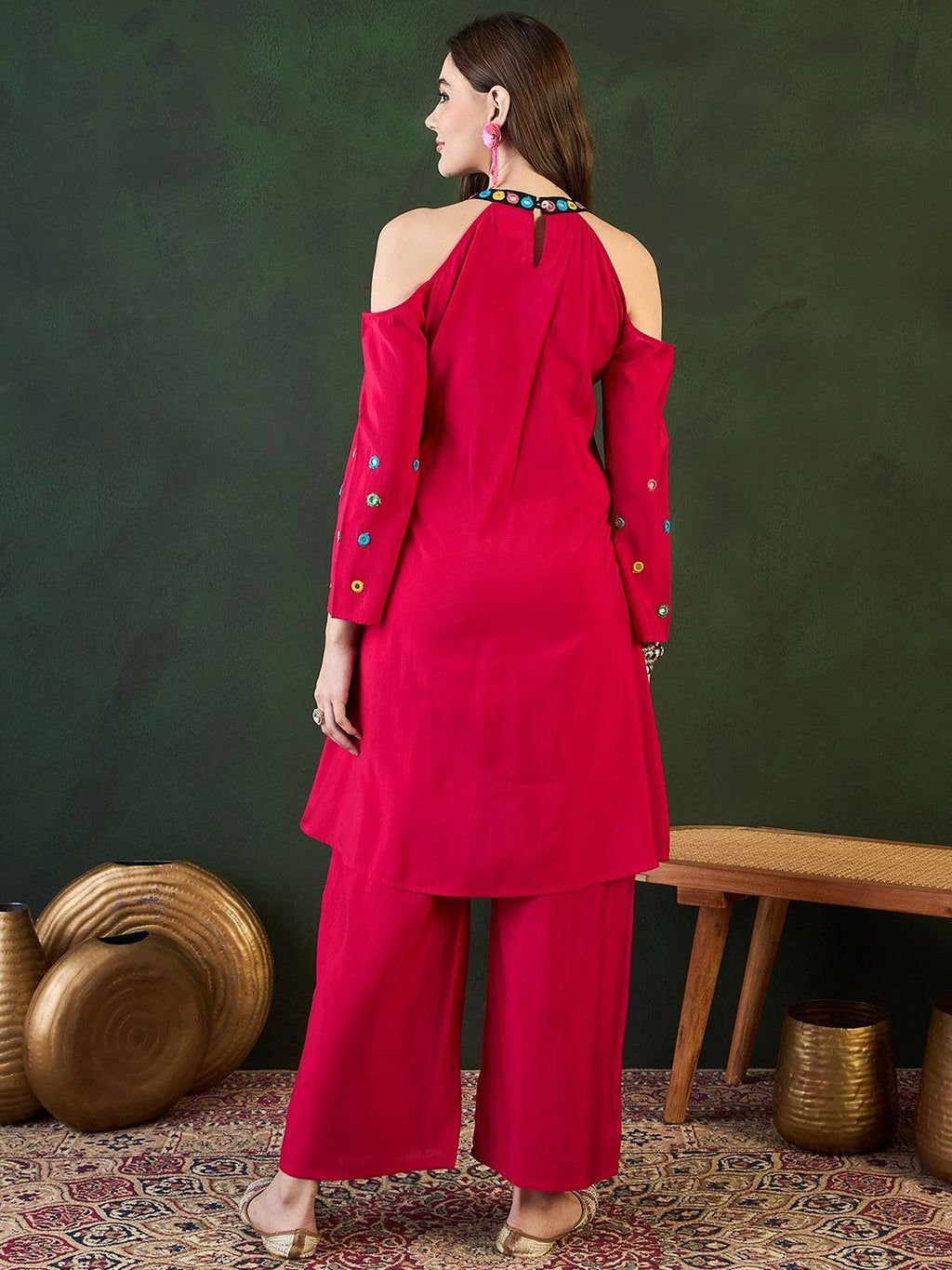 Sangria Embroidered Kurta, Palazzo With Bag Kurta Set | Grocsy