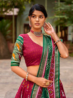 Vastranavya Patola Printed and Foil Work Tussar Silk Lehenga with Unstitched Blouse - Red | Grocsy
