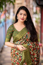 Mehndi Slub Silk Printed Saree with Unstitched Blouse - Hiral Fashion | Grocsy