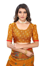 Vamika Mustard Jute Silk Mirror Work Saree | Grocsy