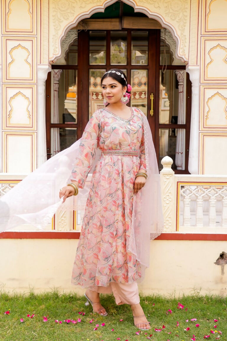 Vaasva Women White Organza Floral Print & Embroidered Anarkali Kurta, Pant & Dupatta set | Grocsy