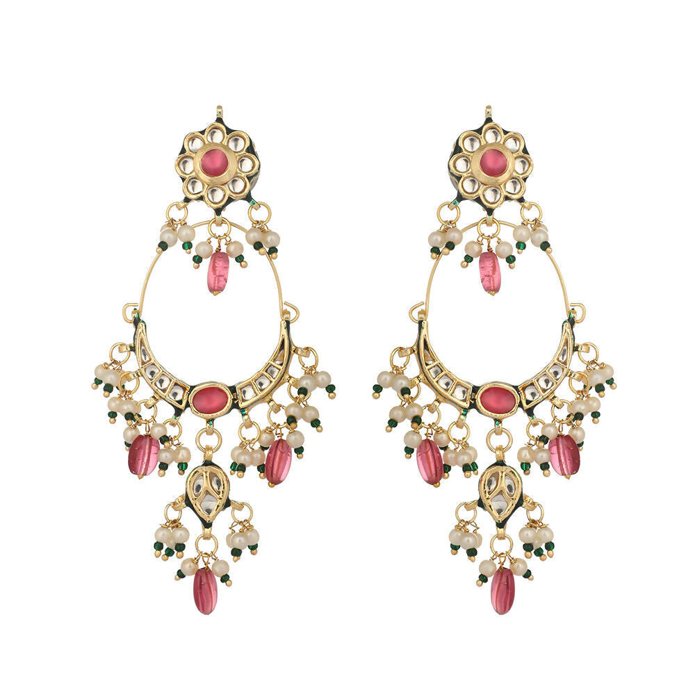 Nuyug 22K Gold Plated Crescent Kundan Drop Pink Stone Chandbali Earrings | Grocsy
