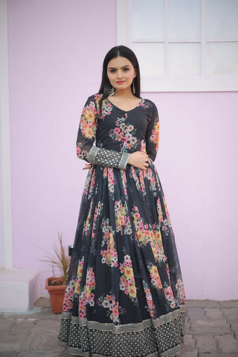 Jyoti Fashion Women's Black Digital Print with Sequence Zari Embroidered Faux Georgette Anarkali Dress | Grocsy