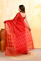 Piyari Fashion Women's Red Embellished Cotton Blend Jamdani Saree | Grocsy