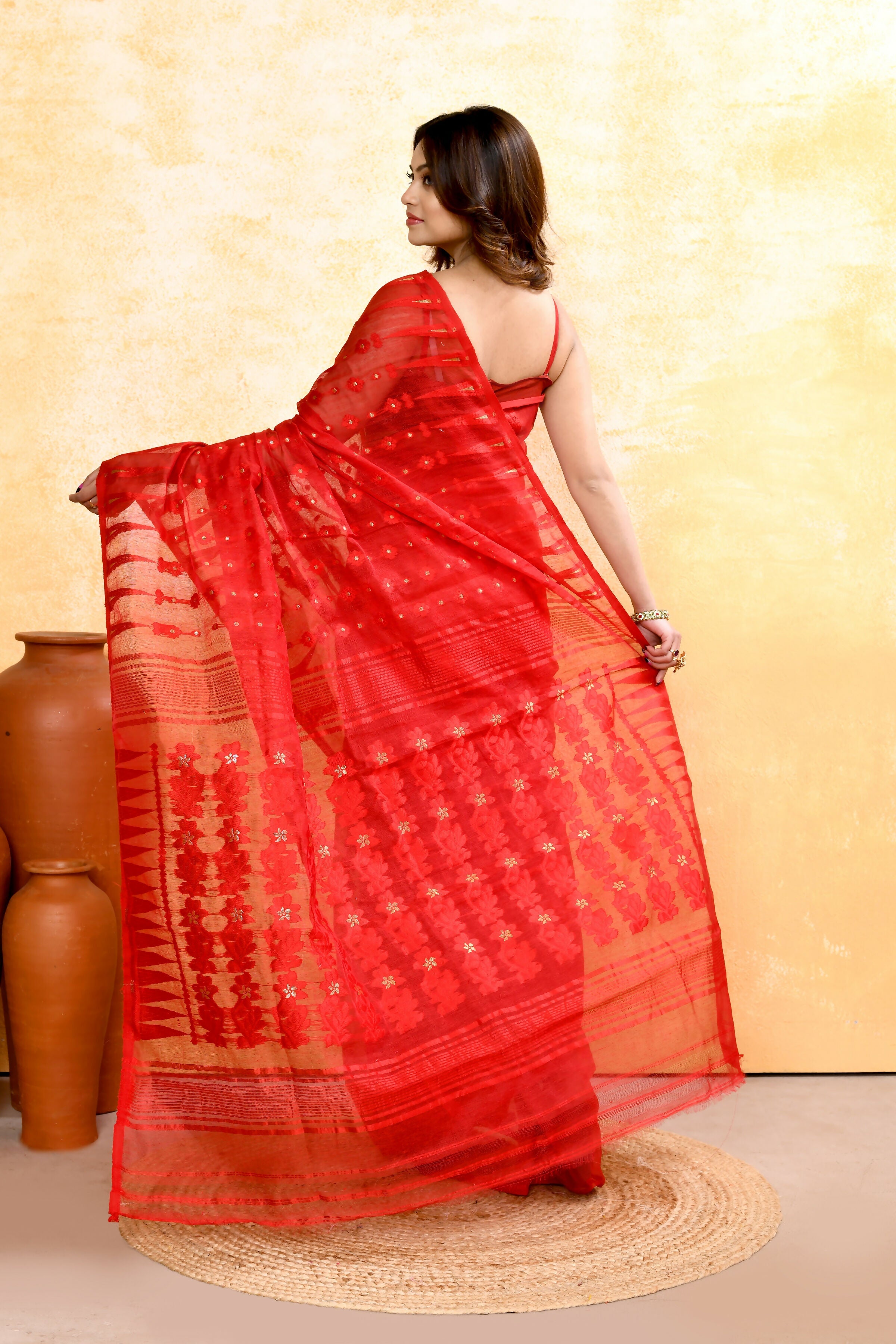 Piyari Fashion Women's Red Embellished Cotton Blend Jamdani Saree | Grocsy