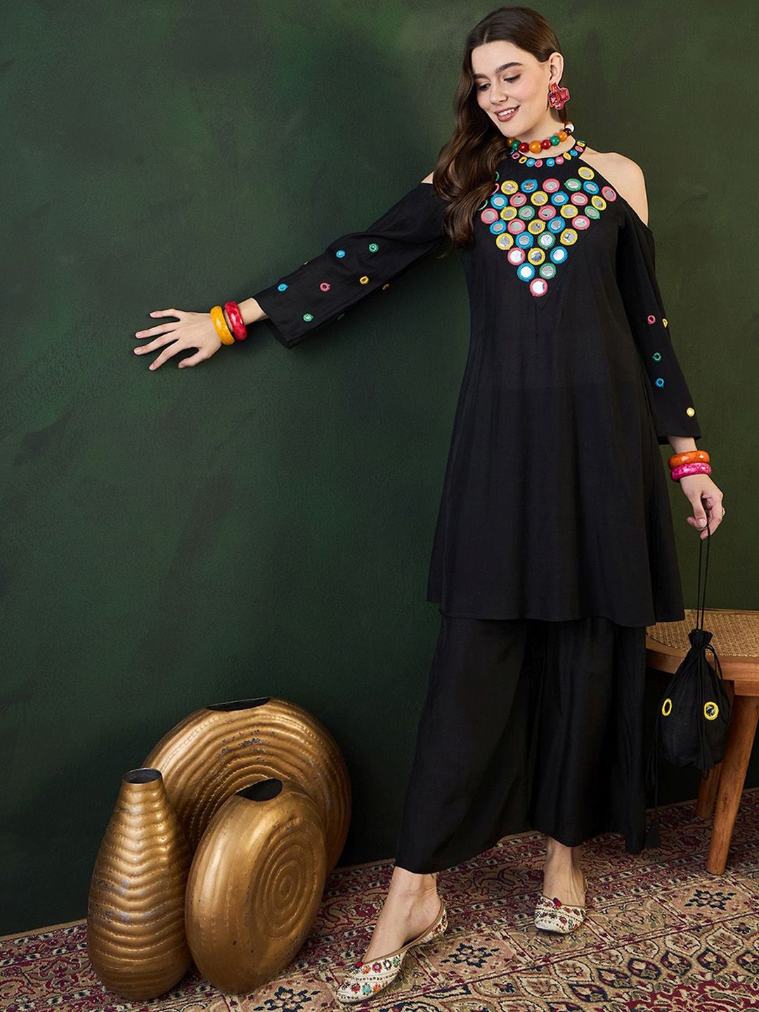Sangria Embroidered Halter Neck Kurta & Palazzo With Bag | Grocsy