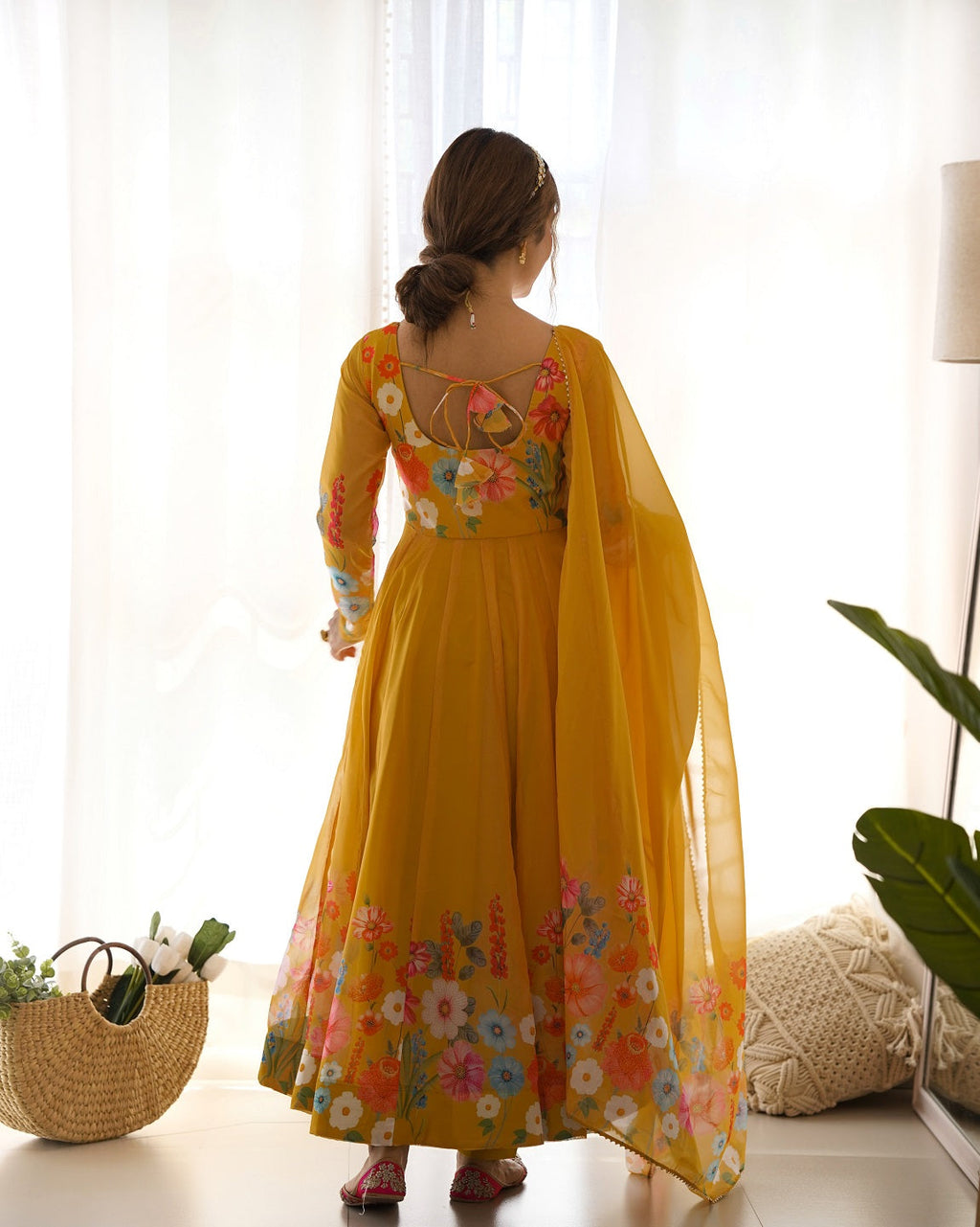 Evanik Yellow Soft Organza Silk With Floral Print Fully Flared Anarkali Pant With Dupatta Set | Grocsy