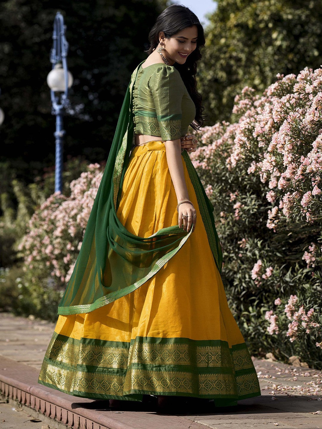 Lorenvalley Yellow Kanchipuram Zari Weaving Work Lehenga Choli with Dupatta | Grocsy