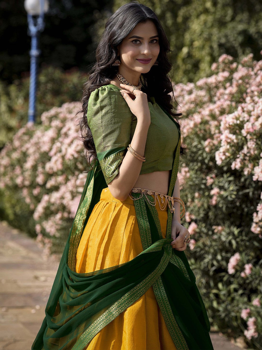 Lorenvalley Yellow Kanchipuram Zari Weaving Work Lehenga Choli with Dupatta | Grocsy