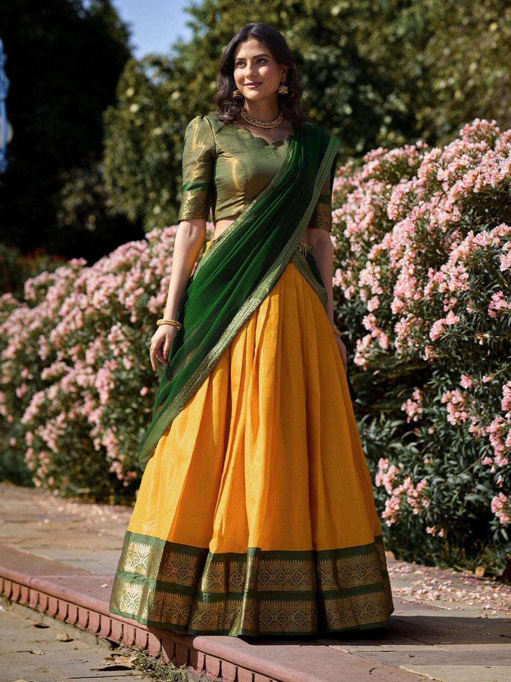 Lorenvalley Yellow Kanchipuram Zari Weaving Work Lehenga Choli with Dupatta | Grocsy