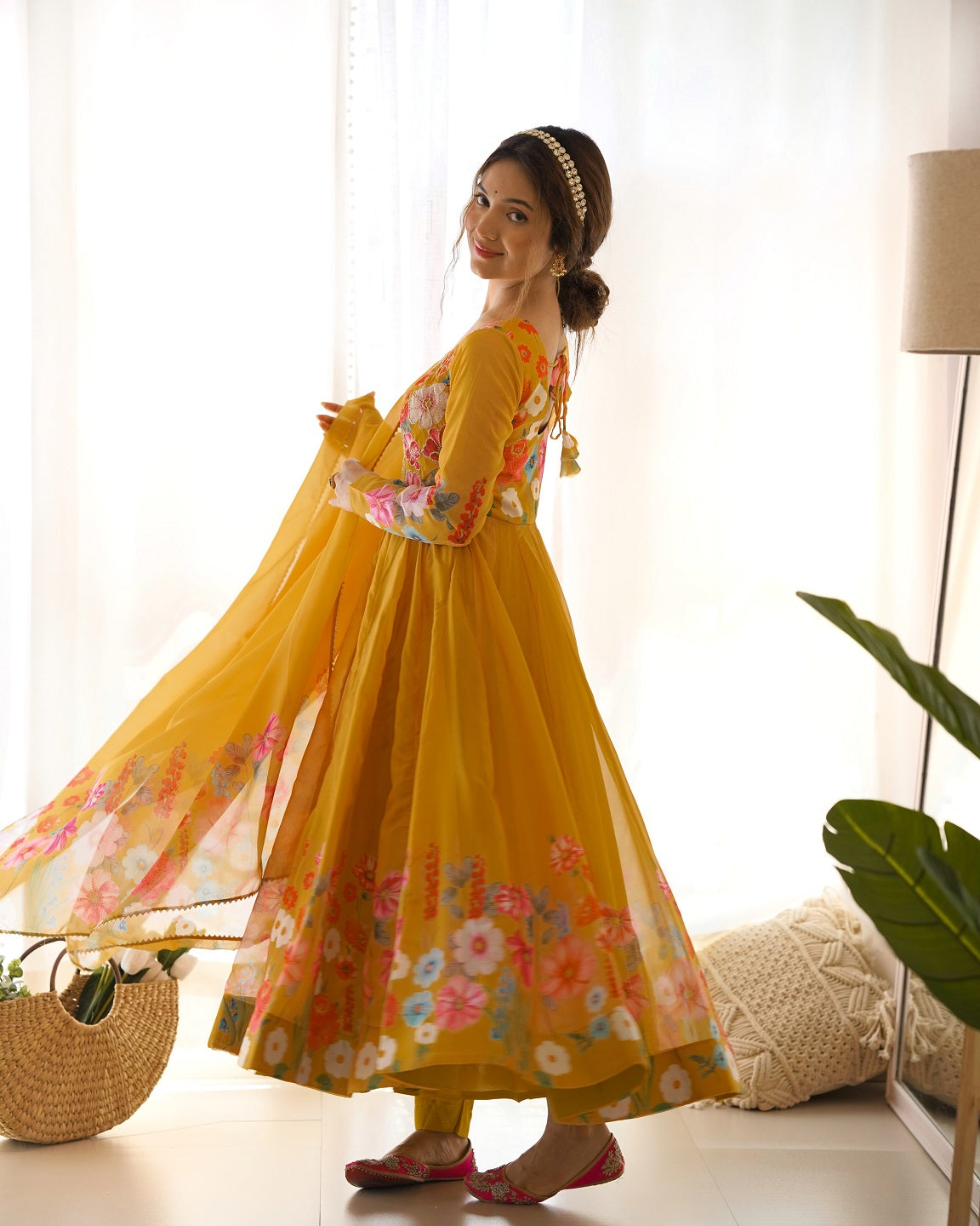 Evanik Yellow Soft Organza Silk With Floral Print Fully Flared Anarkali Pant With Dupatta Set | Grocsy