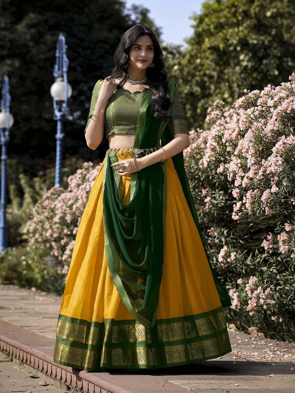 Lorenvalley Yellow Kanchipuram Zari Weaving Work Lehenga Choli with Dupatta | Grocsy