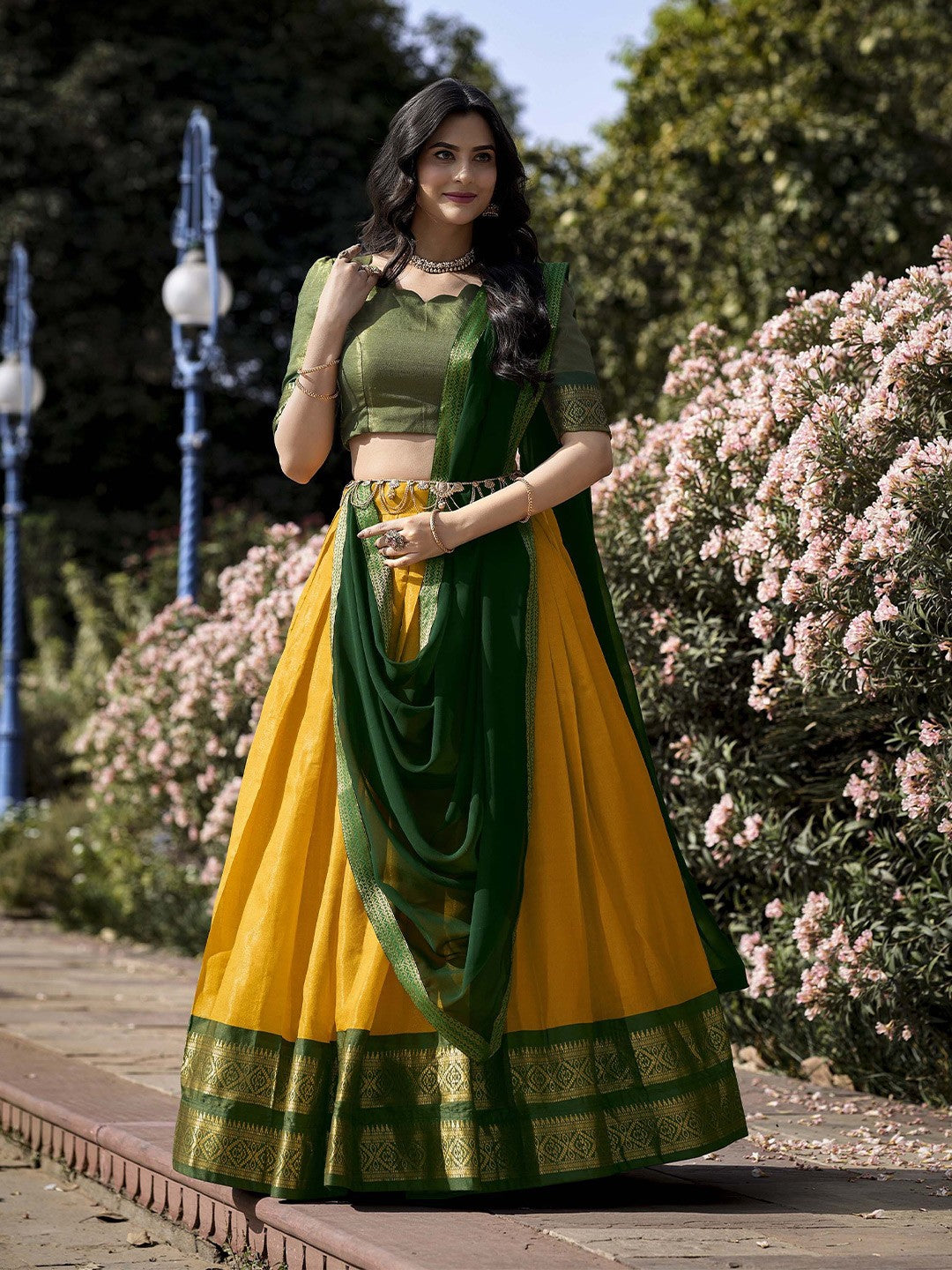 Lorenvalley Yellow Kanchipuram Zari Weaving Work Lehenga Choli with Dupatta | Grocsy