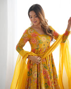 Evanik Yellow Pure Romance Silk With Print Kediya With Palazzo Suit | Grocsy