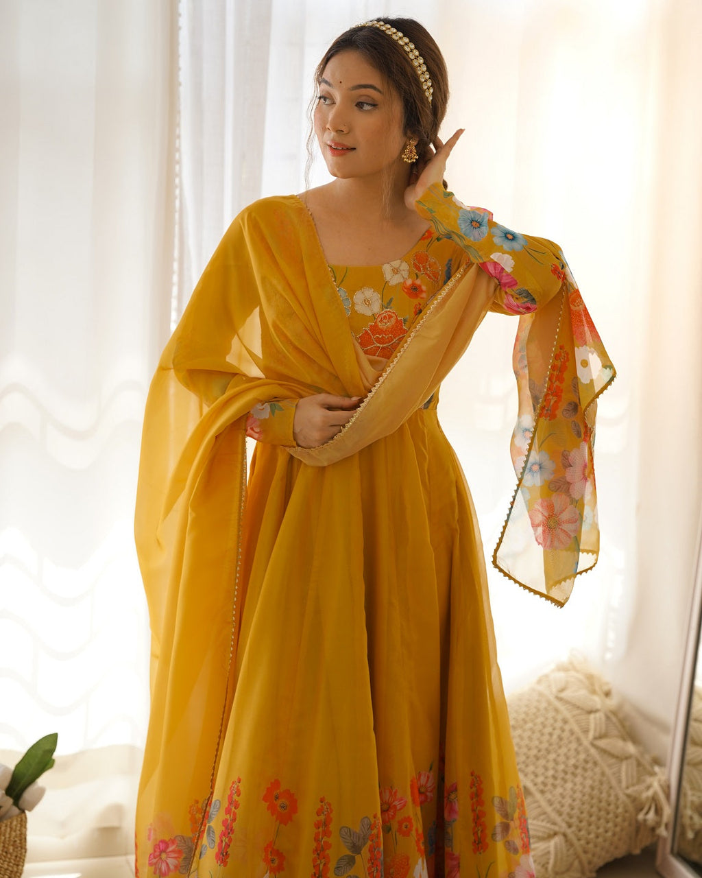 Evanik Yellow Soft Organza Silk With Floral Print Fully Flared Anarkali Pant With Dupatta Set | Grocsy