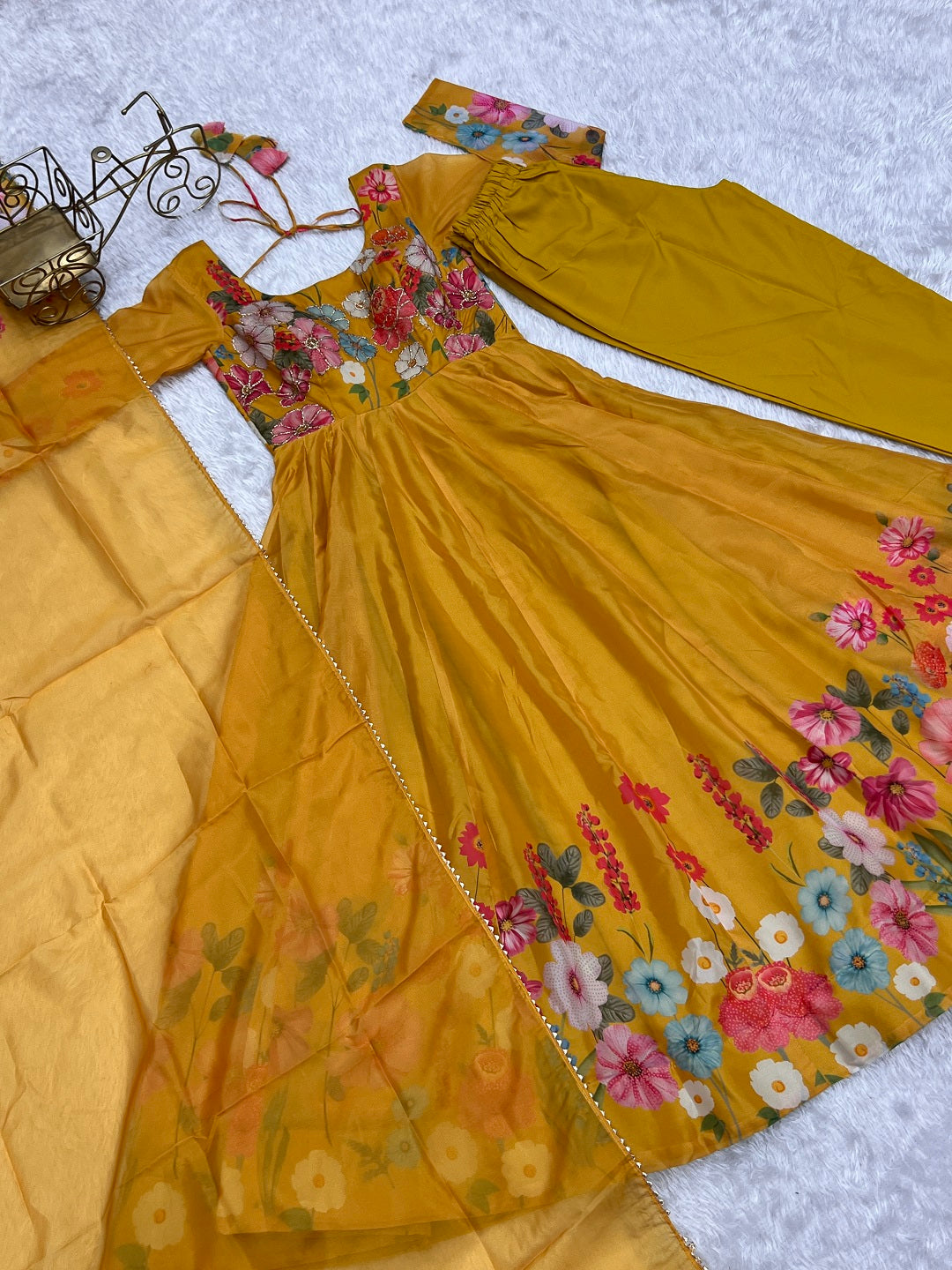 Evanik Yellow Soft Organza Silk With Floral Print Fully Flared Anarkali Pant With Dupatta Set | Grocsy