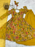 Evanik Yellow Pure Romance Silk With Print Kediya With Palazzo Suit | Grocsy