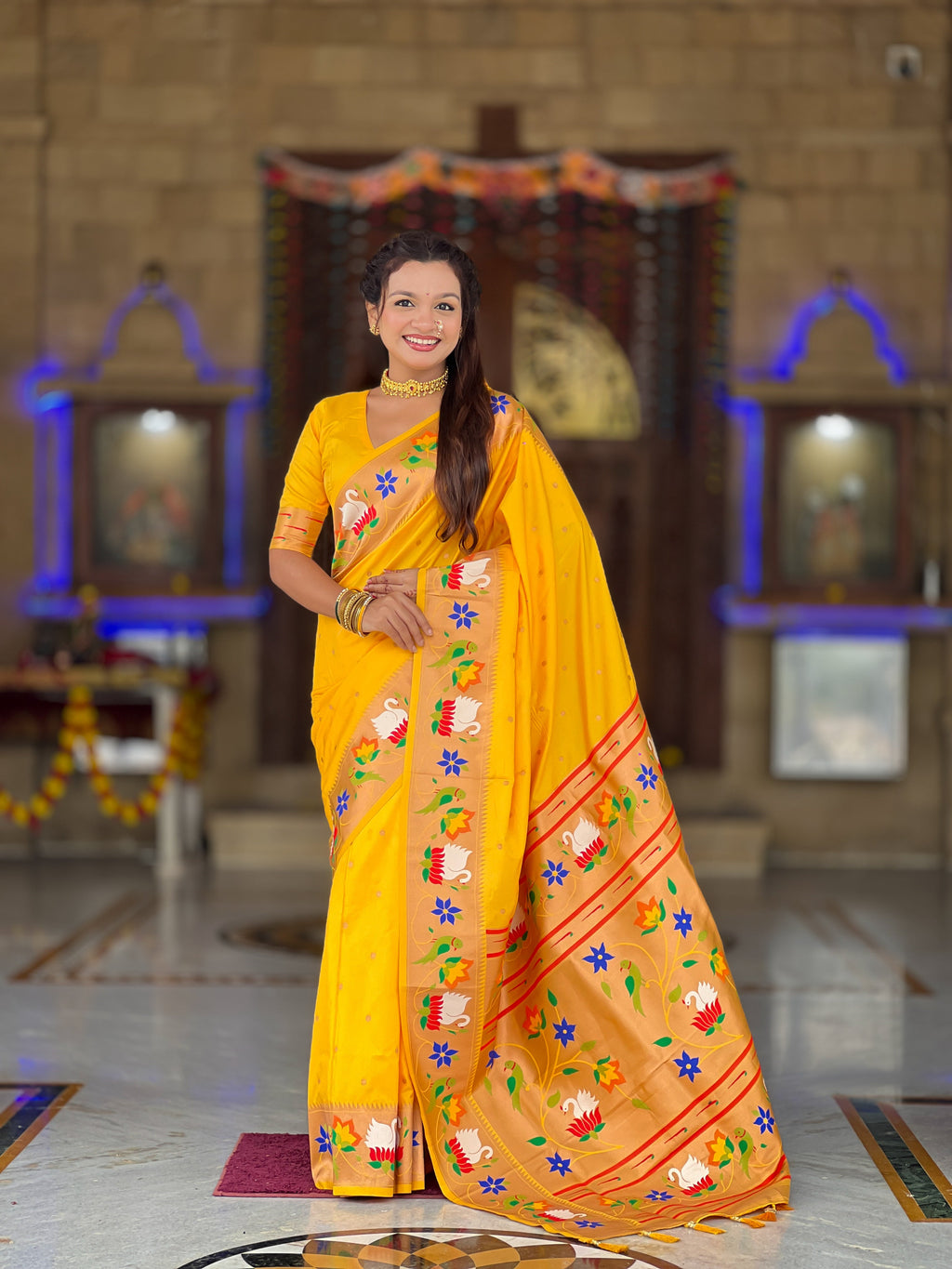 Mameraa Sarees Yellow Faux Banarasi Silk Saree With Paithani Rich Weaved Pallu And Blouse-Yellow | Grocsy
