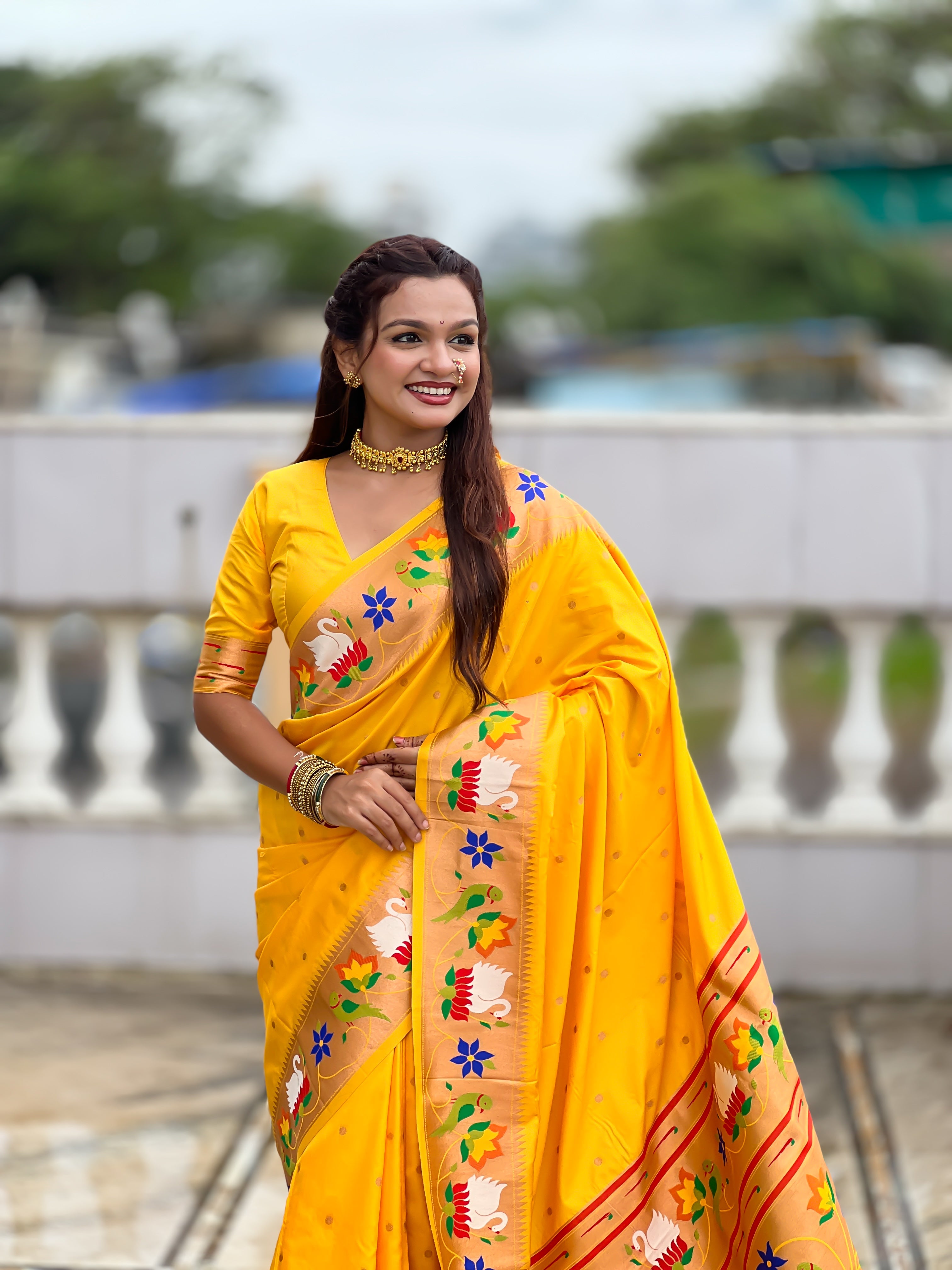 Mameraa Sarees Yellow Faux Banarasi Silk Saree With Paithani Rich Weaved Pallu And Blouse-Yellow | Grocsy