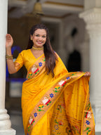 Mameraa Sarees Yellow Faux Banarasi Silk Saree With Paithani Rich Weaved Pallu And Blouse-Yellow | Grocsy