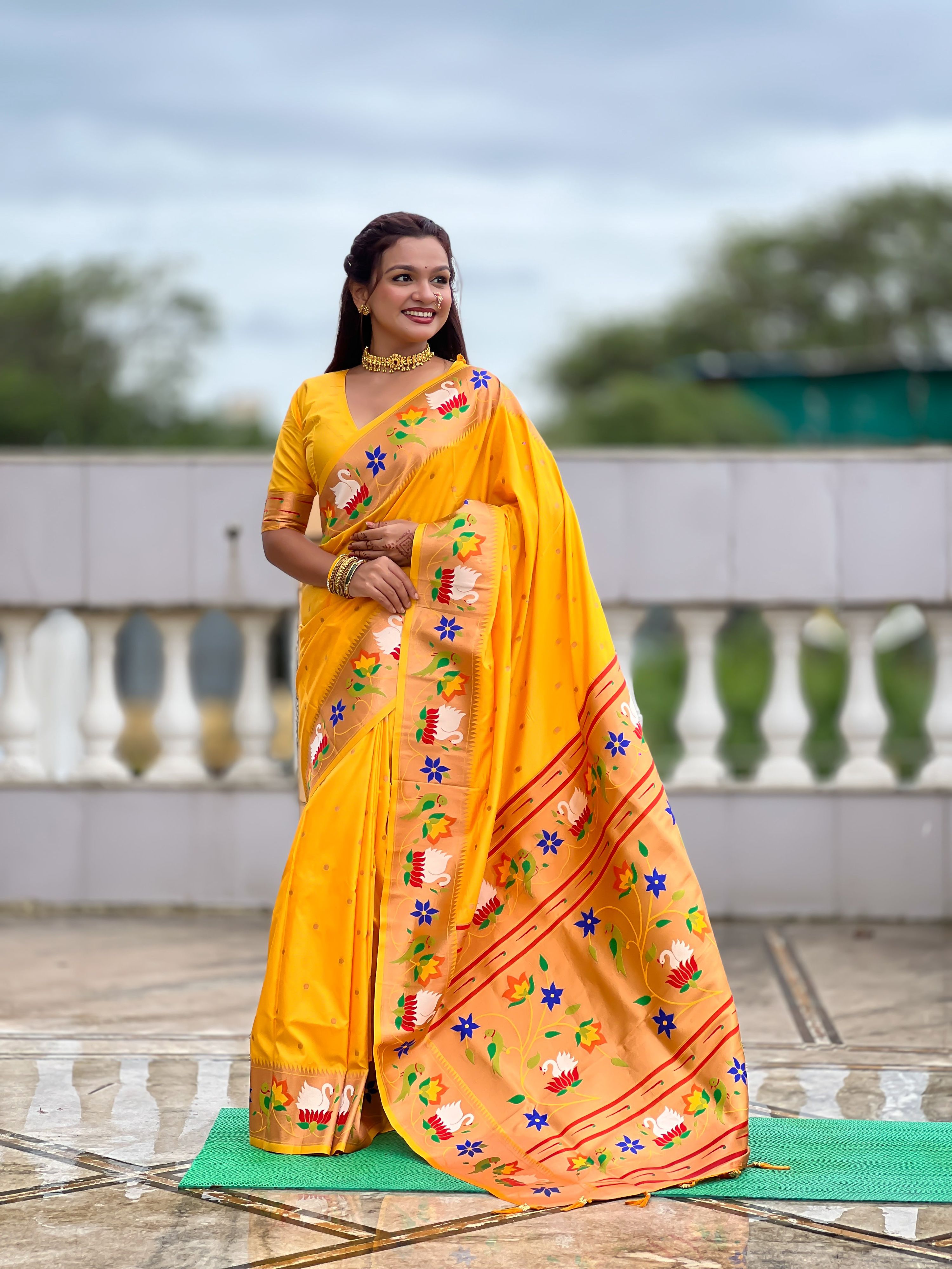 Mameraa Sarees Yellow Faux Banarasi Silk Saree With Paithani Rich Weaved Pallu And Blouse-Yellow | Grocsy