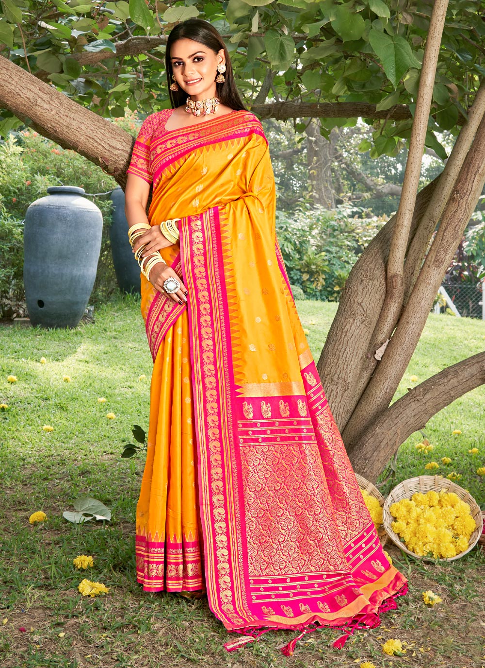 Anaita Yellow Silk Saree With Blouse Piece | Grocsy